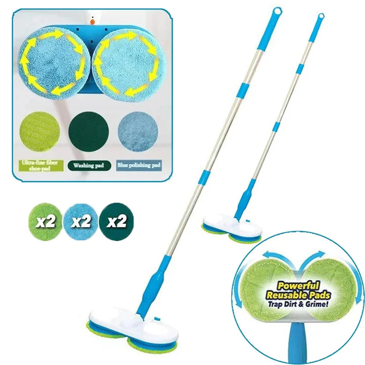 Doppelmopp mit wiederverwendbaren Mikrofaser-Pads, blau-grün, für effektive Bodenreinigung.