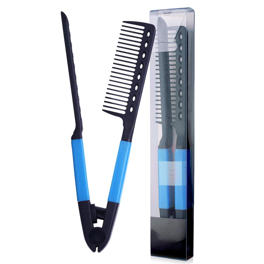 Schwarzer und blauer Haarglätter-Kamm, hitzebeständig, in Verpackung, für Styling.