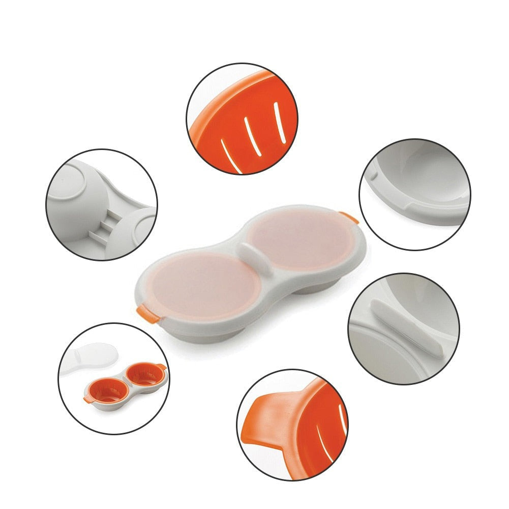 Doppeltes Mikrowellen-Ei-Kochgerät aus Kunststoff, weiß-orange, für schnelles Eierkochen.