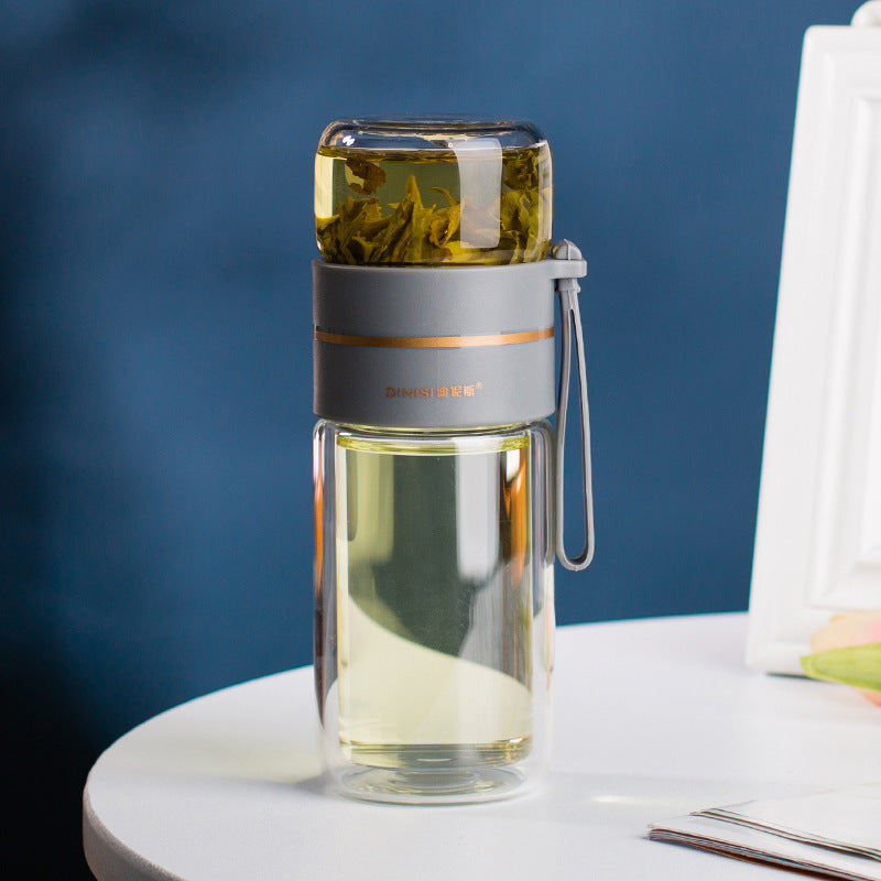 Doppelwandige Teeflasche aus Glas mit Sieb, grau, tragbar, für losen Tee, modern.
