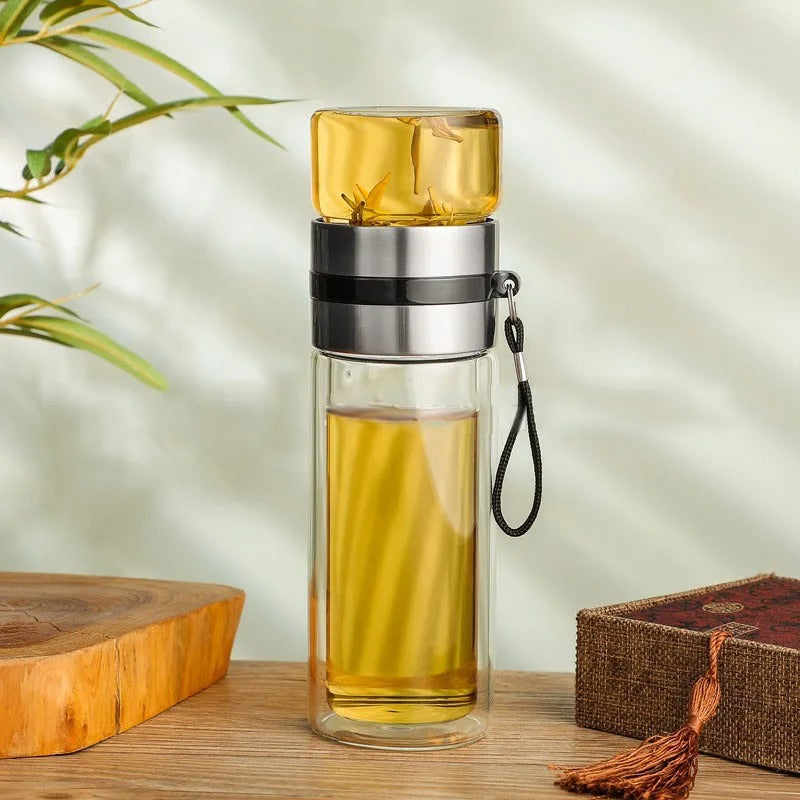 Doppelwandige Glas-Teeflasche mit Sieb, Edelstahl, transparent, tragbar, 500ml, modern.
