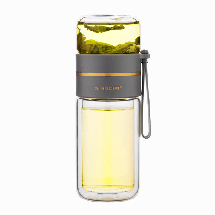 Doppelwandige Glas-Teeflasche mit Sieb, grau, tragbar, ideal für unterwegs.