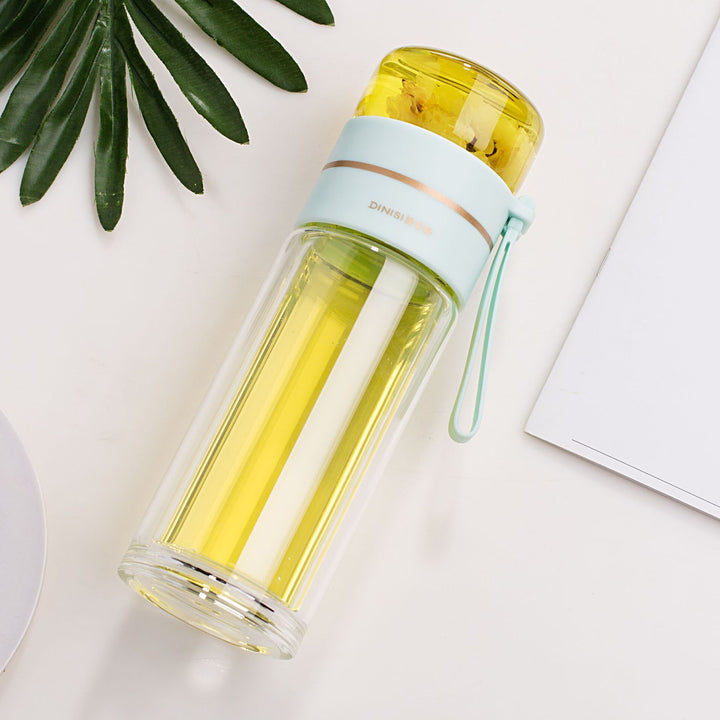 Doppelwandige Glasflasche mit gelbem Getränk, mintgrüner Deckel, Teesieb, modernem Design.