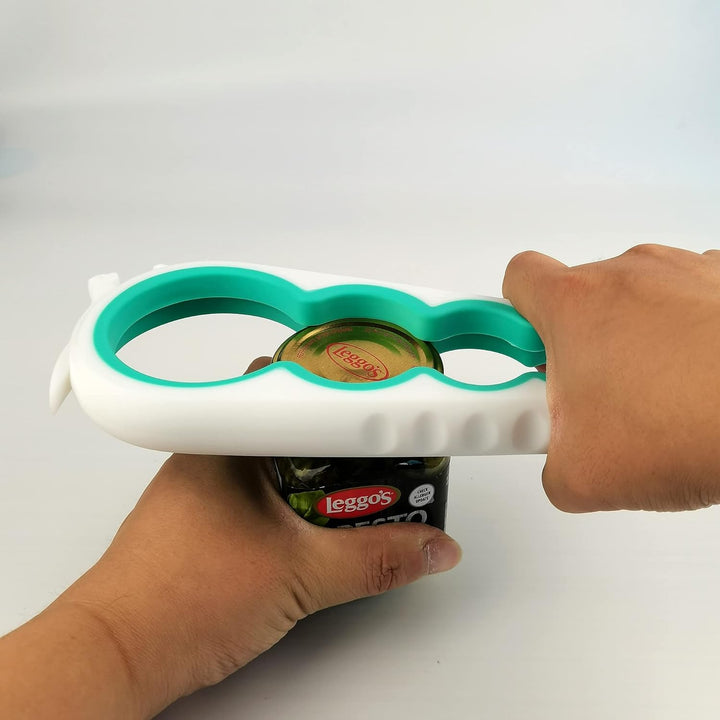 Multifunktionaler Dosenöffner, weiß-grün, ergonomisch, für Gläser und Flaschen.