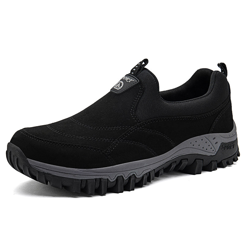 Schwarzer Herren-Wanderschuh, rutschfeste Sohle, atmungsaktiv, Outdoor-Sport, bequem.