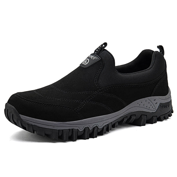 Schwarzer Herren-Wanderschuh, rutschfeste Sohle, atmungsaktiv, Outdoor-Sport, bequem.