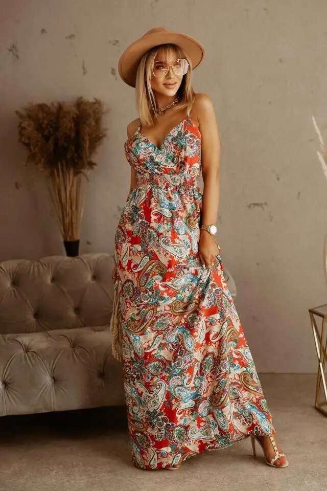 Boho maxi šaty s květinovým vzorem na léto – Yara
