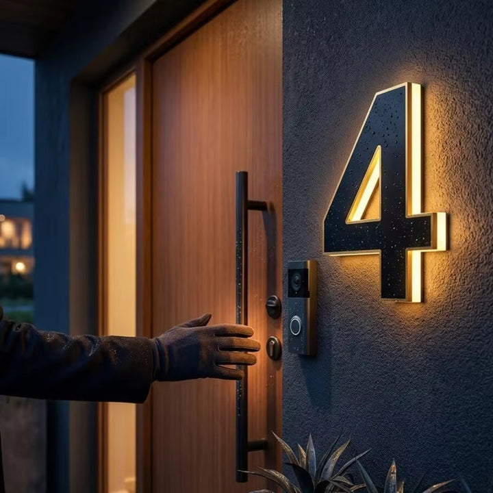 Detail černé číslice 4 s podsvícením na tmavé fasádě vedle dveří se zvonkem, na povrchu kapky deště. 2