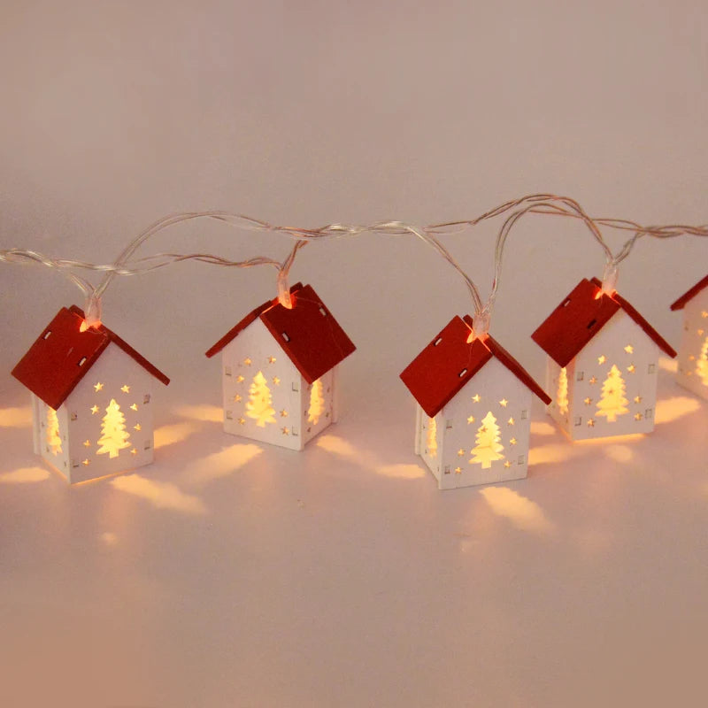 Lichterkette Weihnachtsdeko, weiße Häuschen, LED, warmweiß, Holz, festliche Beleuchtung.