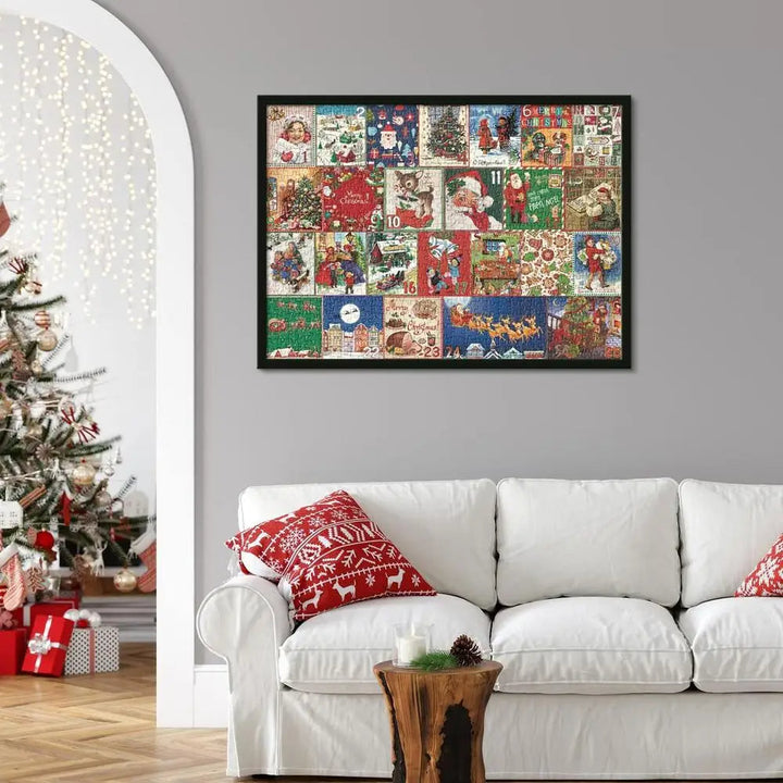 Wandbild Adventskalender Vintage-Stil, bunte Weihnachtsmotive, Wohnzimmerdekoration.