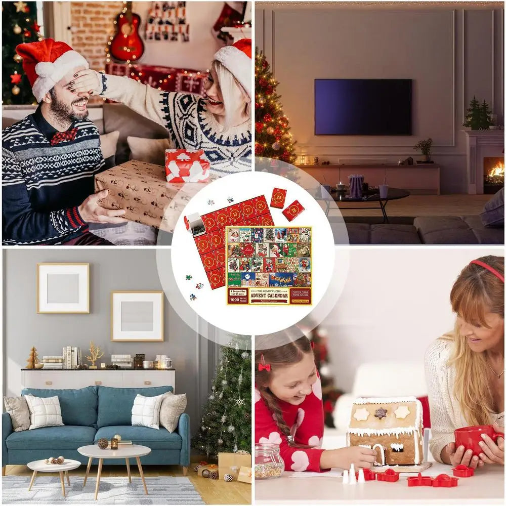 Familie feiert Weihnachten, Geschenke, Adventskalender, festliche Dekoration, gemütliches Wohnzimmer.