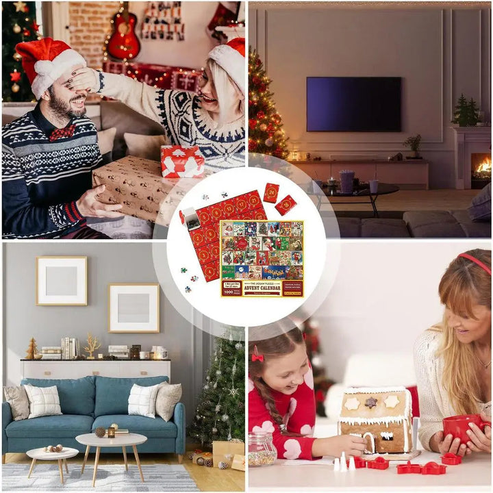 Familie feiert Weihnachten, Geschenke, Adventskalender, festliche Dekoration, gemütliches Wohnzimmer.