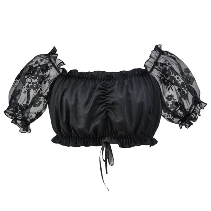 Schwarze schulterfreie Bluse mit transparenten Puffärmeln und Blumenmuster.
