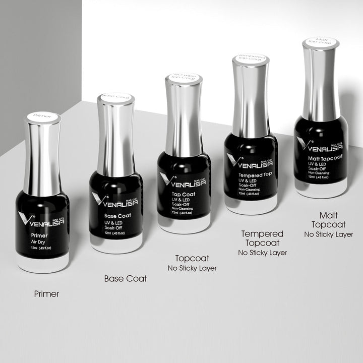 Venalisa Nagellack-Set, Primer, Base Coat, Topcoat, Tempered Topcoat, Matt Topcoat, 5 Flaschen.