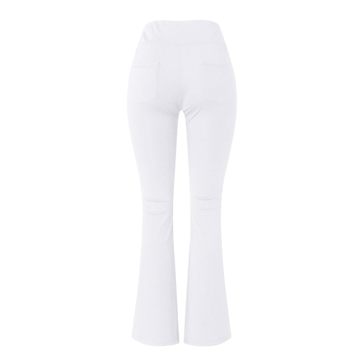 Weiße Damen-Schlaghose, elastisch, mit Taschen, modisch, bequem, ideal für Freizeitkleidung.