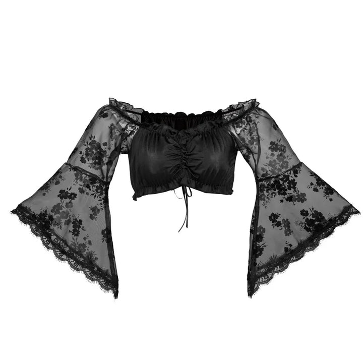 Schwarze Spitzenbluse Damen, schulterfrei, Glockenärmel, florales Muster, elegant, Gothic-Stil.
