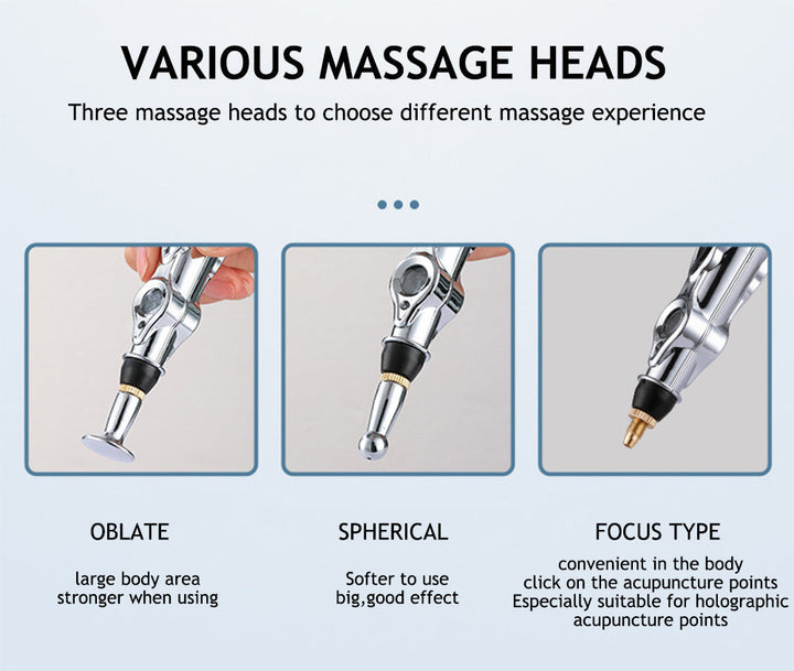 Drei Massageköpfe für Akupunktur: flach, kugelförmig, fokussiert, silberfarben, vielseitig einsetzbar.