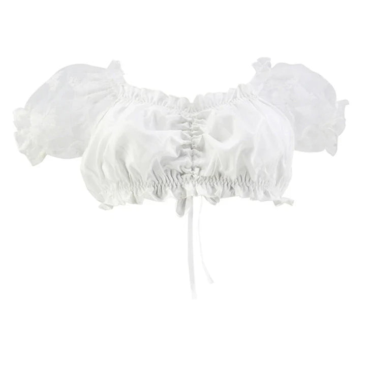 Weiße Damenbluse mit Puffärmeln, Rüschen, transparentem Stoff, Sommermode, elegant.