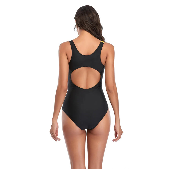 Schwarzer Badeanzug Damen, Rückenausschnitt, ärmellos, elegantes Design, Strandmode.