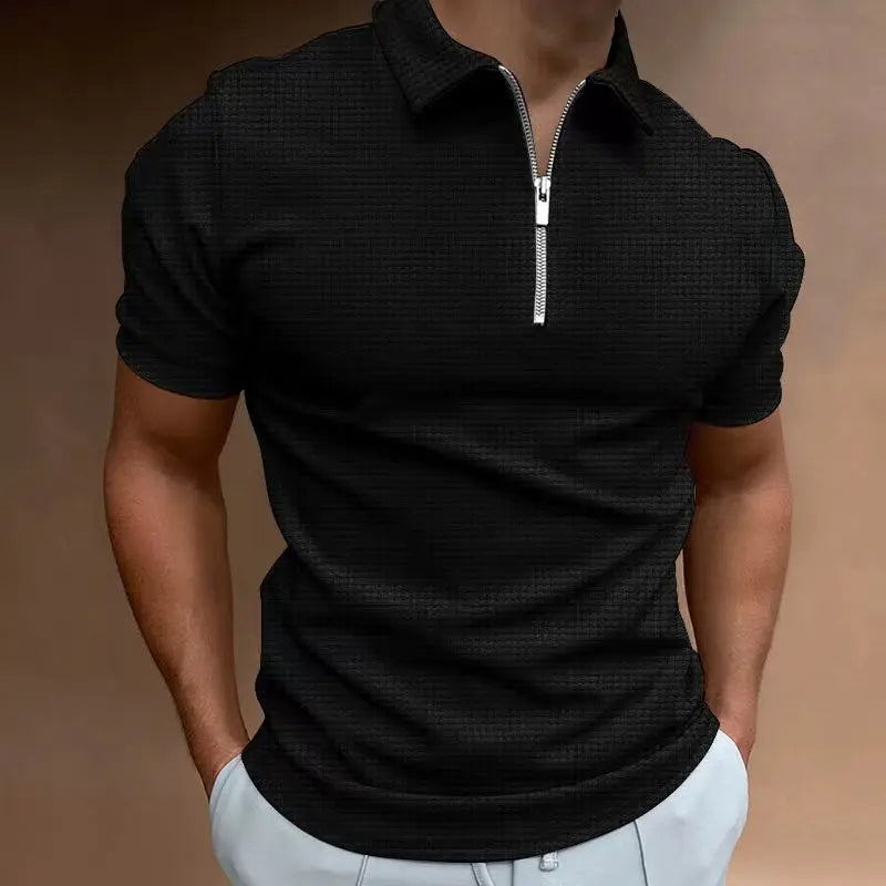 Männer Poloshirt Schwarz mit Reißverschluss, Kurzarm, Freizeitmode, Baumwolle, Herrenbekleidung