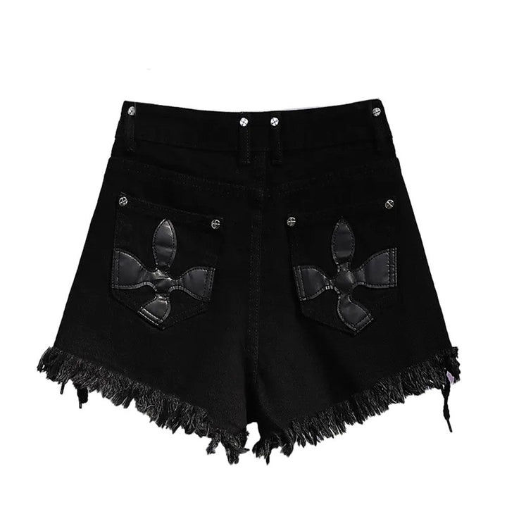 Schwarze Damen-Jeansshorts mit Fransen und Blumenmuster, modisch, lässig, Sommermode.
