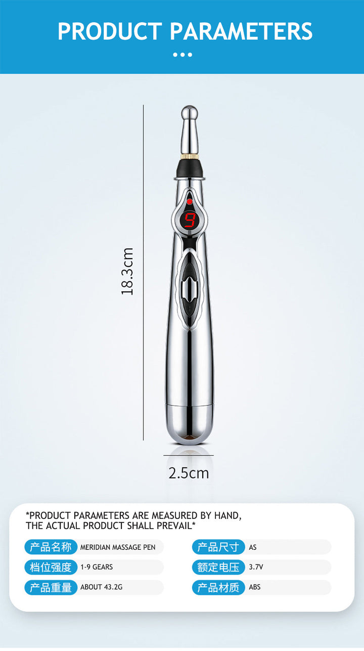 Elektrischer Meridian-Massage-Stift, silber, 18,3 cm, 9 Gänge, ABS-Material, 3,7V.
