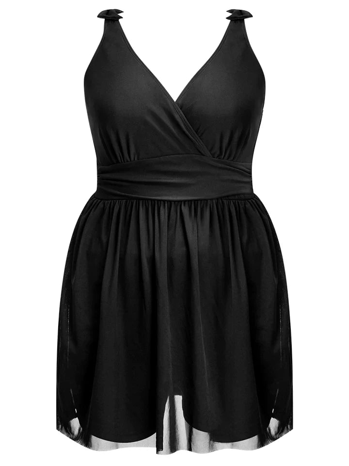 Schwarzes ärmelloses Kleid, V-Ausschnitt, elegantes Design, Damenmode, Abendkleid.