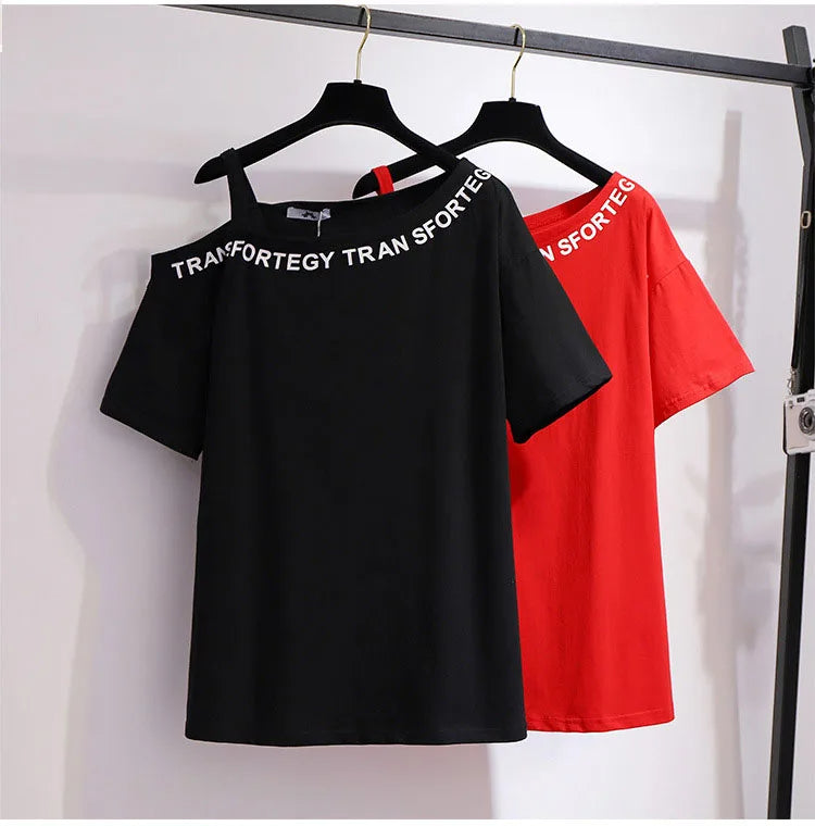 Schwarzes und rotes T-Shirt mit Schriftzug, lässig, Baumwolle, Damenmode, Sommerkleidung.