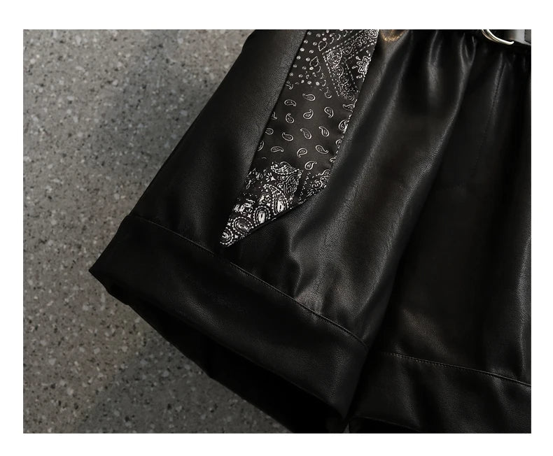Schwarze Lederhose mit Paisley-Muster, modisch, elegant, Damenbekleidung, Streetwear.