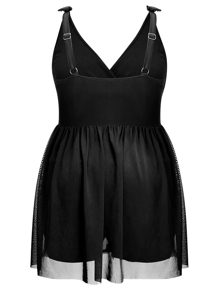 Schwarzes Damenkleid mit V-Ausschnitt, verstellbaren Trägern, aus Chiffon und Baumwolle.