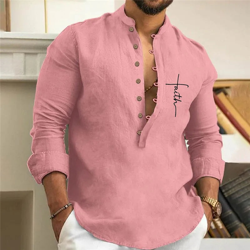 Männerhemd rosa Leinen Stehkragen Knopfleiste "Faith" Stickerei elegant casual.