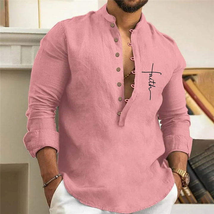 Männerhemd rosa Leinen Stehkragen Knopfleiste "Faith" Stickerei elegant casual.