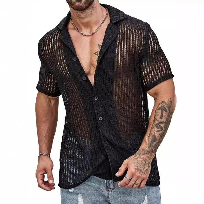 Schwarzes Herren-Netzhemd, kurzärmelig, durchscheinend, lässig, Sommermode.