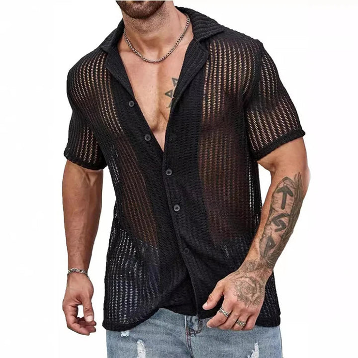 Schwarzes Herren-Netzhemd, kurzärmelig, durchscheinend, lässig, Sommermode.