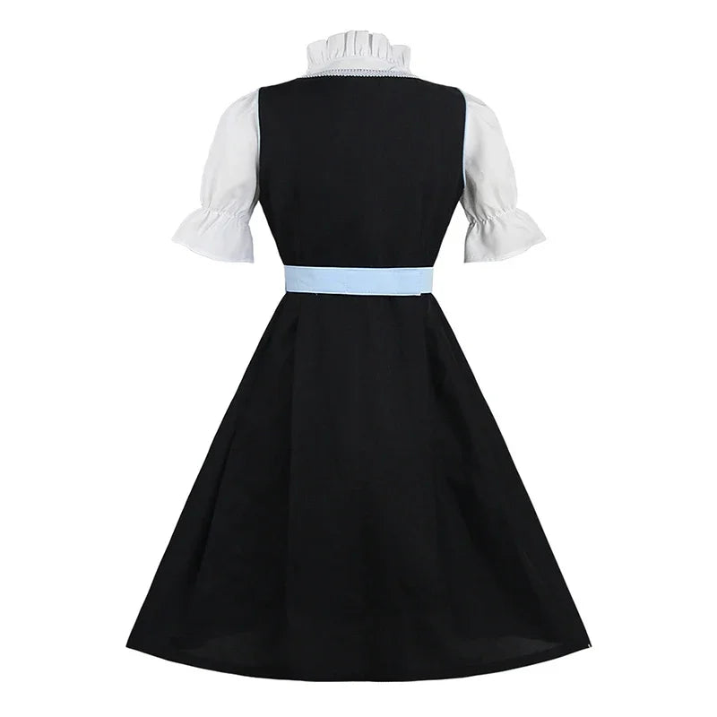 Schwarzes Kleid mit weißen Puffärmeln und blauem Gürtel, elegantes Design für Damen.