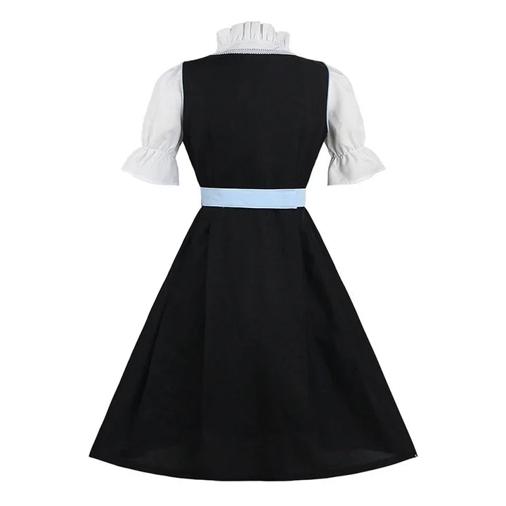 Schwarzes Kleid mit weißen Puffärmeln und blauem Gürtel, elegantes Design für Damen.