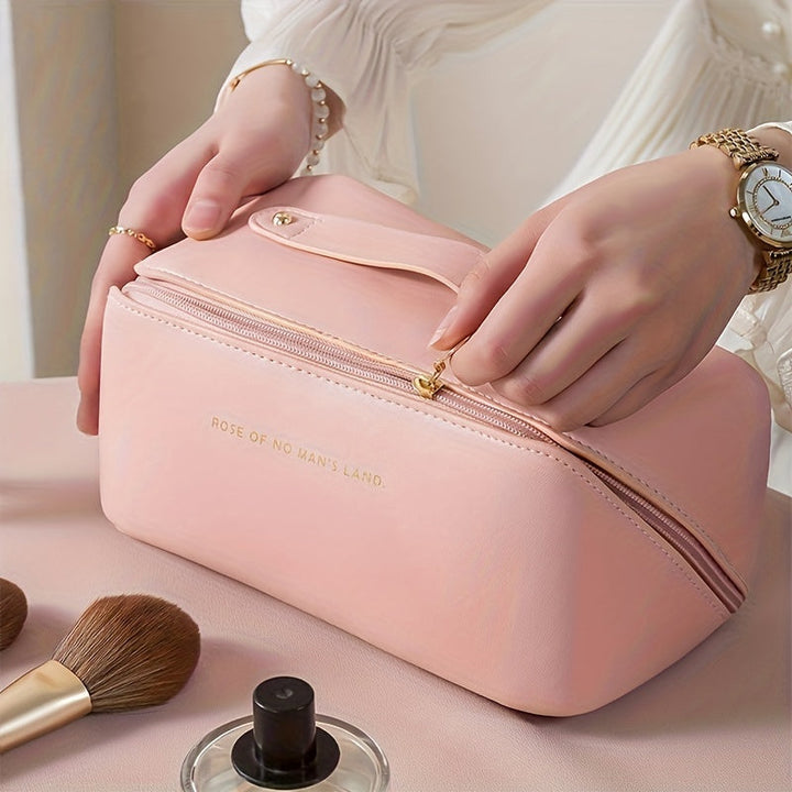 Rosa Kosmetiktasche aus Leder, Reißverschluss, Damen, Make-up-Organizer, elegant, modern.