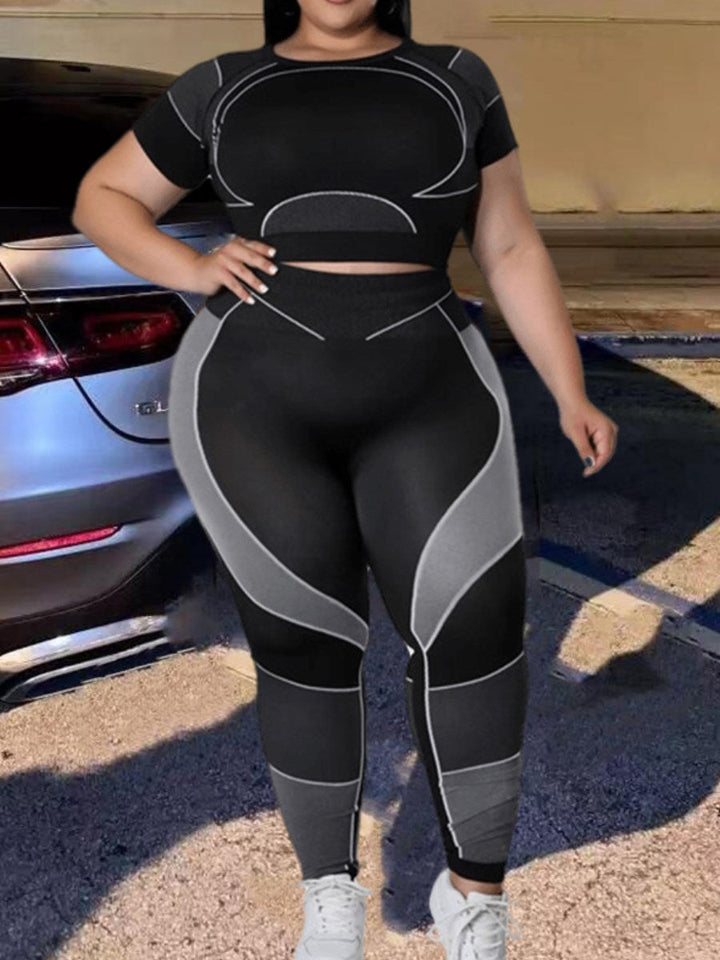 Damen Sportbekleidung Set, schwarz-grau, Plus Size, Fitness Leggings und Crop Top, elastisch.