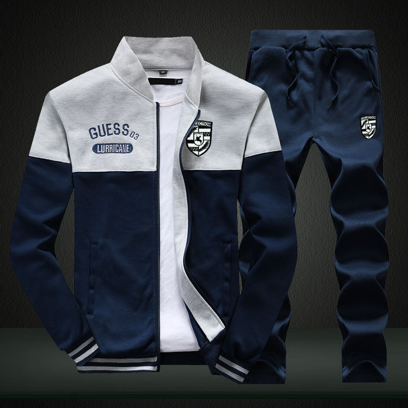 Dunkelblauer Herren-Trainingsanzug, Jacke und Hose, sportlich, Baumwolle, modisch.