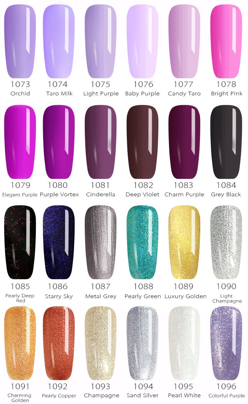 Nagellack-Farbpalette mit 24 Farben, inklusive Lila, Pink, Gold und Glitzer, für Maniküre.