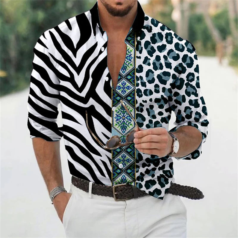 Männerhemd mit Zebra- und Leopardenmuster, schwarz-weiß, langärmelig, modisch.