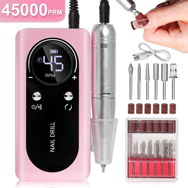 Elektrische Nagelfeile Set, rosa, 45000 U/min, Maniküre Pediküre, mit Aufsätzen und Display.