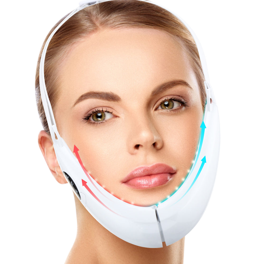 Frau mit LED-Gesichtsmaske, weiß, Hautpflege, Anti-Aging, Beauty-Technologie, Nahaufnahme.