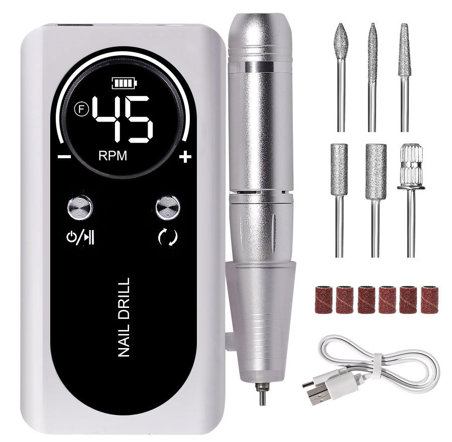 Elektrische Nagelfeile Set, weiß, mit Aufsätzen, USB-Ladekabel, für Maniküre und Pediküre.