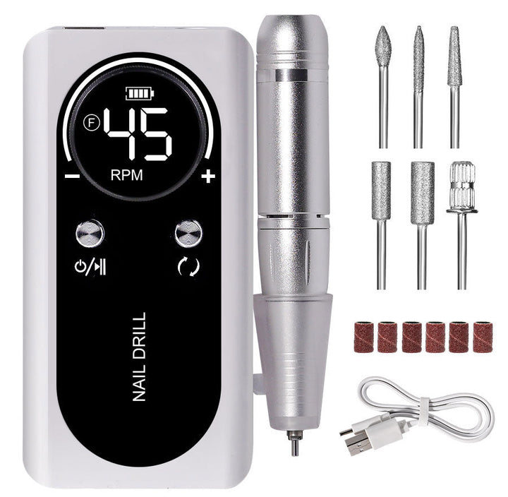 Elektrische Nagelfeile Set, weiß, mit Aufsätzen, USB-Ladekabel, für Maniküre und Pediküre.