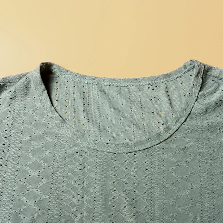 Graues Damen-T-Shirt aus Spitze, Rundhalsausschnitt, modisch, elegant, Baumwolle.