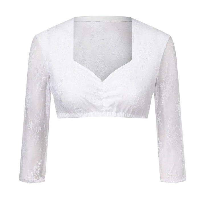 Weiße Spitzenbluse Damen, 3/4-Ärmel, quadratischer Ausschnitt, elegant, modisch.