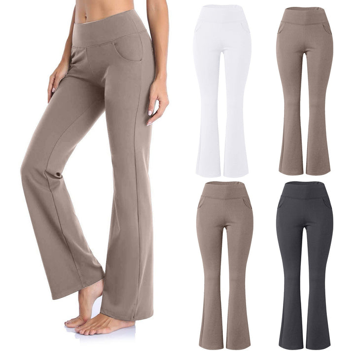 Damen Yogahose, Bootcut, beige, weiß, schwarz, elastisch, bequem, Sportbekleidung, Fitness.