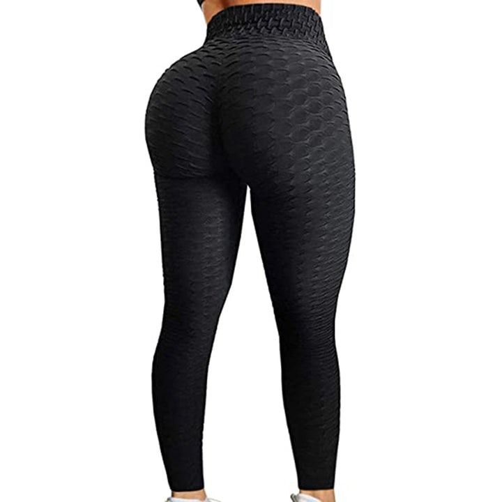 Schwarze Damen-Leggings, nahtlos, strukturierte Sporthose, hohe Taille, Fitnessmode.