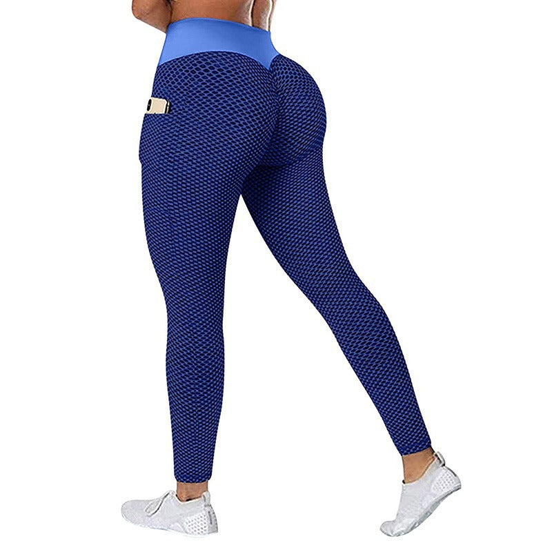 Blaue Damen-Sportleggings mit Handyfach, nahtlos, atmungsaktiv, ideal für Fitness.